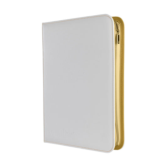 A Vault X zippered binder in white with gold stitching and zip, shown on a plain white background.