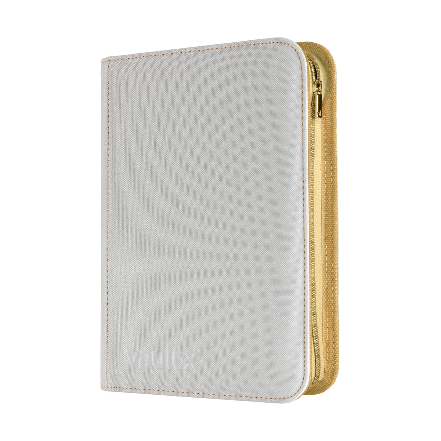 A Vault X zippered binder in white with gold stitching and zip, shown on a plain white background.